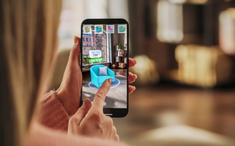 Decorating,Apartment:,Woman,Holding,Smartphone,,Using,Augmented,Reality,Interior,Design